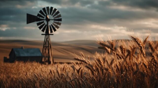 Golden wheat ears with windmill in background at sunset, warm rural countryside scenery