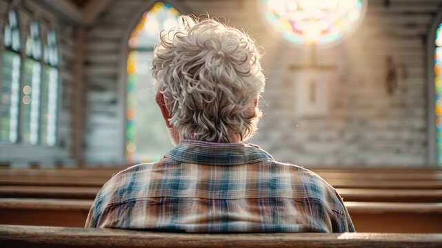Senior man sitting alone in church pew with sunlight through stained glass windows, spiritual reflection and faith concept