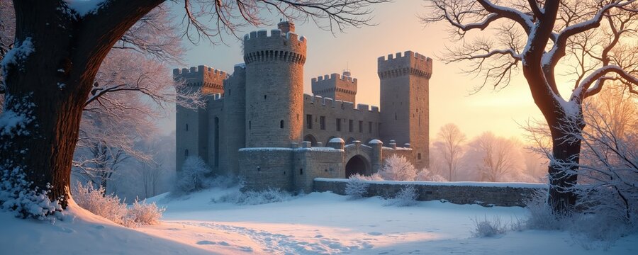Medieval stone castle stands in snow covered landscape during sunset. Bare trees with frost frame the majestic building. Winter scene at dusk shows ancient architecture with towers and battlements.