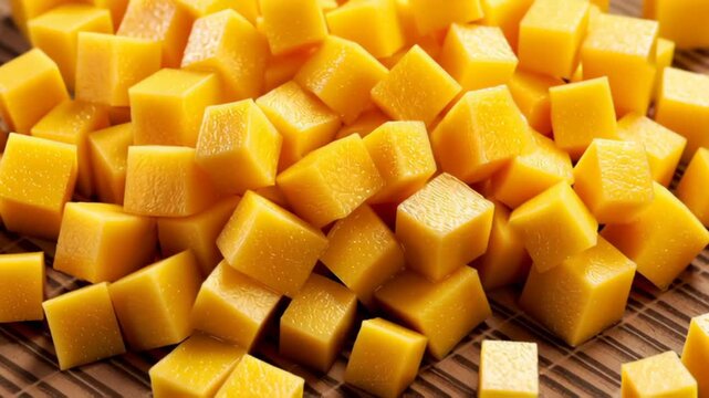 Close up of juicy mango cubes texture, fresh tropical fruit background and healthy dessert ingredient