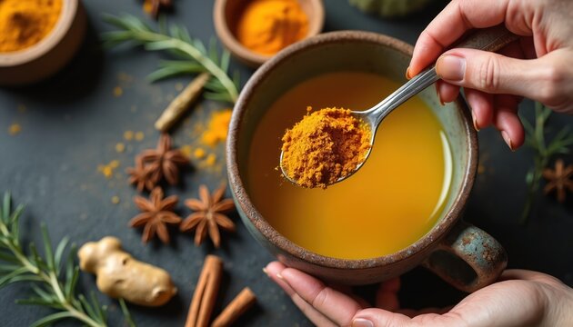 Person adds turmeric powder from spoon into golden herbal tea. Ingredients like ginger root, star anise, cinnamon, rosemary are near mug. Warm drink for health.