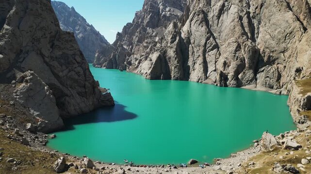 aerial View on Kol-suu lake in Naryn Region Kyrgzstan