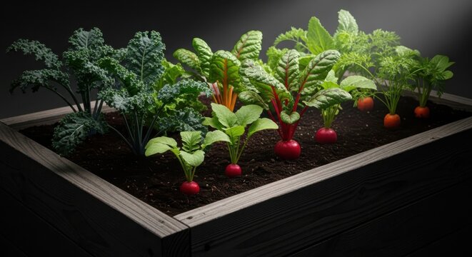 A thriving raised garden bed filled with healthy kale rainbow chard radishes and carrots under dramatic lighting