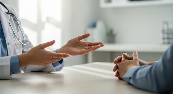 Doctor in a white coat with a stethoscope gestures while conversing with a patient sitting opposite at a desk in a medical examination room