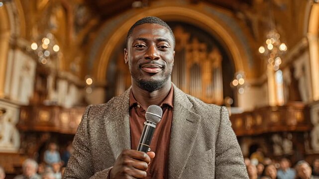 Smiling motivational speaker holding microphone in ornate hall during live presentation with audience in background
