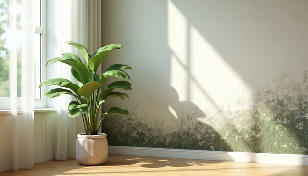Green mold grows on wall near potted plant by window. Dampness causes growth on home interior surface. Moisture buildup issue evident on apartment wall.