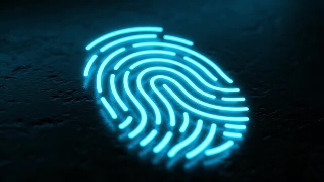 A dramatic, neon fingerprint suggests high-tech security and individuality. Ideal for illustrating concepts of identity, data protection, and cutting-