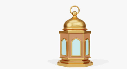 Fototapeta premium An ornate golden lantern with arched windows and a domed top is centered on a plain white surface viewed from the front.