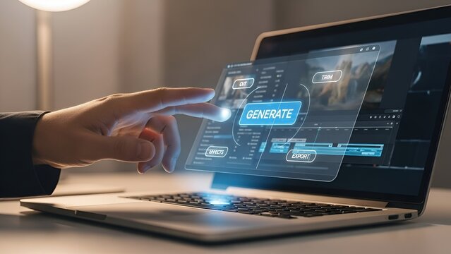 Hand touching futuristic holographic interface with 'GENERATE' button on laptop screen, AI technology concept, digital overlay, modern workspace.