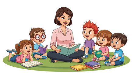 A smiling teacher reads to a group of children sitting around her on a green grassy area outdoors