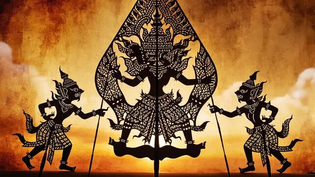 Traditional Indonesian Wayang Kulit Shadow Puppets Performance, Intricate Figures Dancing at Sunset, Cultural Heritage