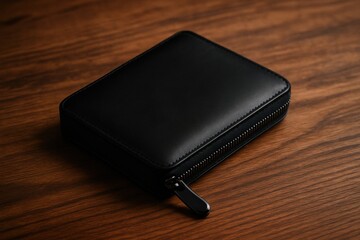 Close-up studio shot of a black, rectangular leather wallet with zipper on a wooden table. Neutral tones for corporate branding, or security concepts.