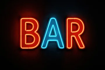 Fototapete Bar A vibrant neon sign spelling "BAR" with red and blue lights against a textured black wall. Suitable for bar promotions, nightlife, or retro themes.  © Mark