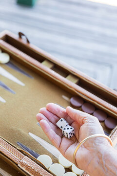 Player preparing for next move with dice in hand in backgammon