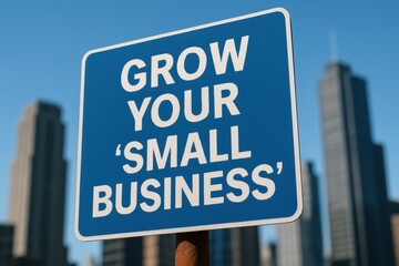 Blue sign with the message "Grow Your 'Small Business'" set against a blurred city skyline. Concept image for entrepreneurship, success, and urban growth, can be used for blog illustration.