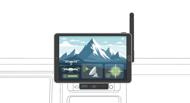 A tablet mounted on a vehicle dashboard displays a drone flying above majestic mountains with multiple control interface elements.