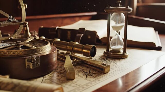 An antique desk scene featuring navigational instruments, maps, books, and a glass hourglass