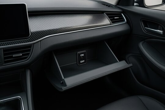 Close-up of a car's interior with an open glove compartment, showing a built-in on/off switch. Automotive technology concept, car features, vehicle details.