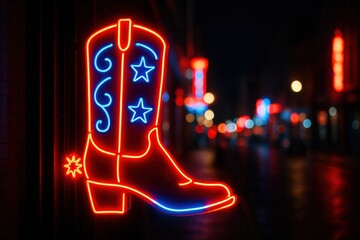 Fototapeta na wymiar A vibrant neon cowboy boot sign illuminates a dark city street. Ideal for illustrating Texas, country music, travel, or western themes.