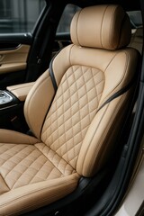 Fototapeta premium Close-up detail of the elegant, beige leather seat in a luxury vehicle. Focus on the quilted design. Showcases craftsmanship, comfort, and automotive refinement.