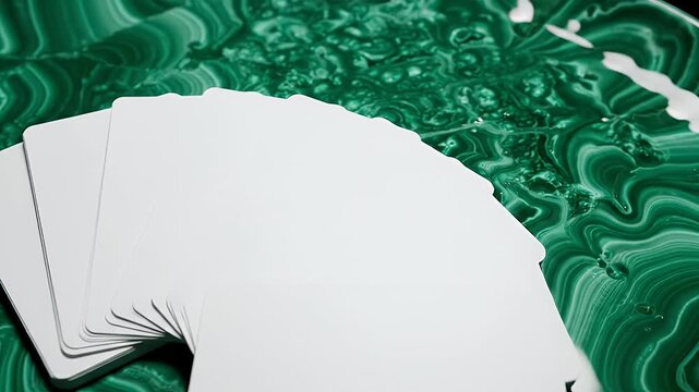 A fanned stack of blank white cards on a swirling green and white textured surface