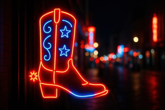 A vibrant neon cowboy boot sign illuminates a dark city street. Ideal for illustrating Texas, country music, travel, or western themes.