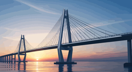 Obraz premium Modern cable-stayed bridge over the ocean at sunset vector illustration