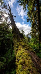 Fallen moss-covered tree trunk in a lush forest, looking up to a partly cloudy sky