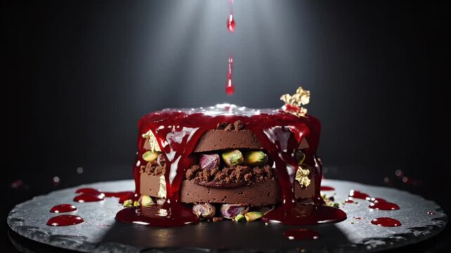 A decadent layered chocolate cake is drizzled with bright red sauce