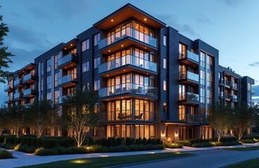 Modern apartment building with balconies and glass windows shines with warm lights at twilight. Landscaped gardens and trimmed bushes surround the residential complex. Architecture blends with nature.