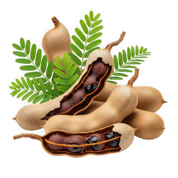 Tamarind fruits and leaves arrangement isolated on transparent background