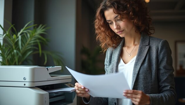 Focused businesswoman examines paper near multifunction printer copier in modern office. Pro woman reviews document output attentive to detail, works efficiently.