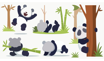 Funny panda bear cartoon animals forest vector illustration set © Nasrin