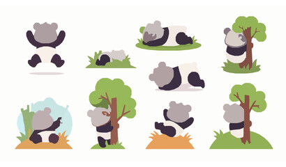 Cute panda bear cartoon sticker style collection forest theme vector © Nasrin