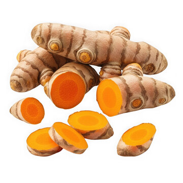 Fresh turmeric roots and slices isolated on transparent background