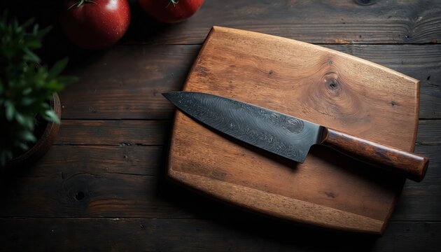 Sharp chef knife on rustic wooden cutting board, tomatoes and plant nearby. Kitchen prep area ready for cooking. Dark wood background, close up detail.