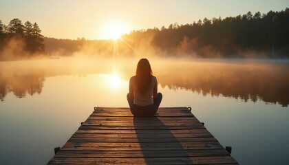 Naklejka premium Woman sits on a wooden pier, gazes at mist-covered lake during sunrise. Peaceful morning light reflects on still water, trees line the distant shore, evoking calm.