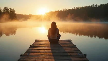 Poster Mistige ochtendstond Woman sits on a wooden pier, gazes at mist-covered lake during sunrise. Peaceful morning light reflects on still water, trees line the distant shore, evoking calm.  © Viktor