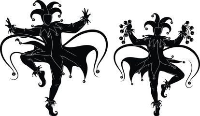 Set of black jester silhouettes in dancing poses with bells on hats and costumes isolated on white background for carnival mardi gras celebration © Khairun