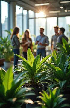Employees in modern office with plants discuss business. Colleagues network near green plants. Natural light enters large windows. Teamwork and sustainability concept.