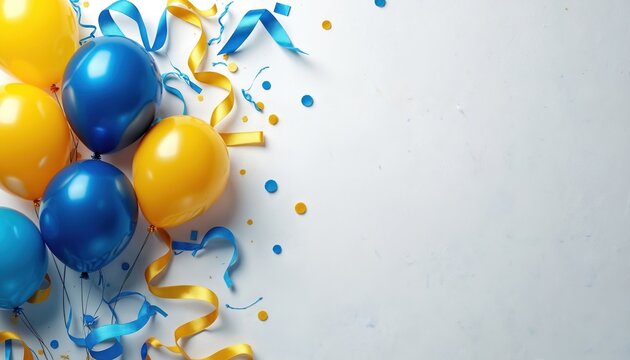 Blue and yellow balloons float with confetti and streamers on a plain white background. This festive decor is perfect for celebrations, parties, and holidays. Simple clean design.