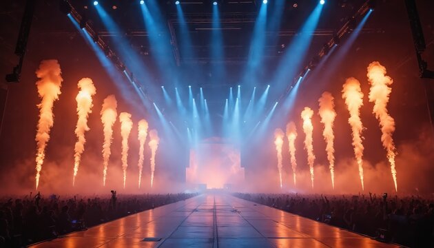 Large concert stage with blue spotlights and orange smoke plumes. Audience silhouetted at bottom. Energetic live music show in big indoor venue.