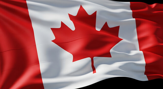 The Canadian flag waving in the wind with a red maple leaf on a white and red background