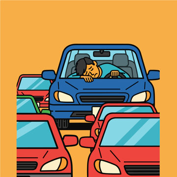 Man sleeping in car stuck in traffic jam on road.