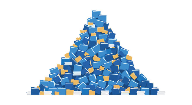 A vast, chaotic mountain of blue file folders and scattered yellow documents creating an overwhelming pile on a pristine white background.