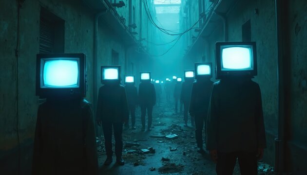 Figures with television screens for heads walk down a dark foggy alley. People with glowing monitors walk in a group. Technology conformity and mind control theme.