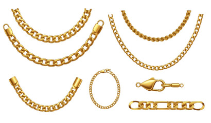 Realistic 3D Gold Chain Vector Set – Jewelry Illustration on White Background © MdMursalin