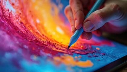 Close view of hand using stylus on tablet screen. Vibrant digital painting with bright colors. Artist creates abstract artwork with modern tech tool.