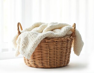 Obraz premium Woven basket holds fluffy white blanket. Simple, cozy interior design element for warm, snug home decor. Soft textile for relaxation and comfort, adding hygge.