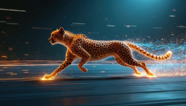 Fast cheetah runs with glowing digital energy trails. Animal sprints with speed, power, agility on dark abstract background. Motion blur effect creates dynamic, energetic feel. Wildlife predator